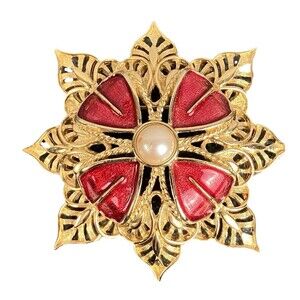 VTG Monet Ornate Maltese Cross Brooch Pin Gold Tone Faux Pearl Red Enamel Signed